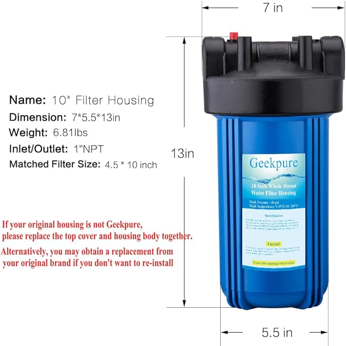Geekpure 10-Inch Whole House Big Water Filter Housing-Fit for 4.5"x10"Filters -Blue-1 Inch Port (1)