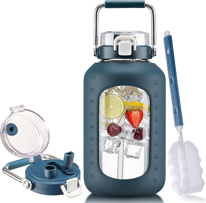 BLUEGO 100 oz Glass Water Bottle with Straw, Huge 3 Liter Water Bottle with Sturdy Handle, Glass Water Jug with Sleeve, Wide Mouth Water Container with Time Marker, Dark Blue