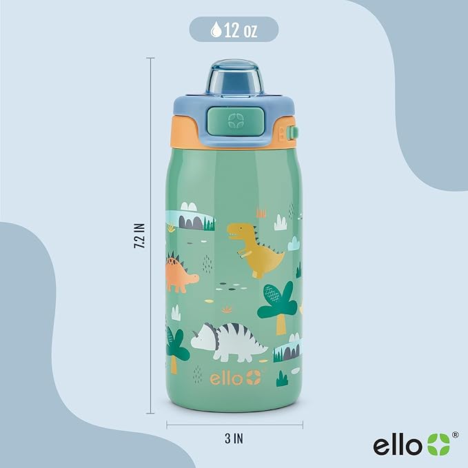 Ello Pop & Fill 12oz Stainless Steel Kids Water Bottle with Quick Fill Lid | Vacuum Insulated BPA Free Bottle with Leak Proof Straw and Chug Lid, Dishwasher Safe, Gift For Kids, Dino