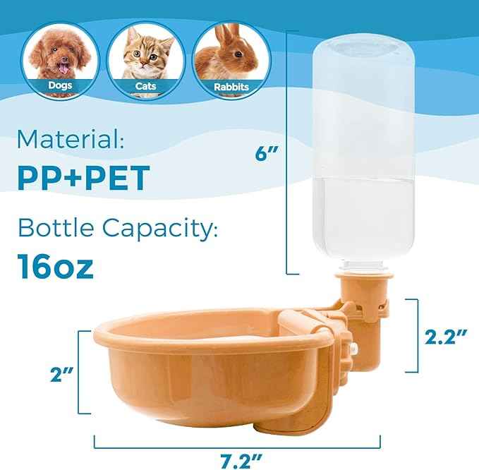 VANNON 16oz Pet Water Bottle, Gravity Dog Water Bowl Dispenser for Cage, Anti-Overflow Water Dispenser for Small Dogs, Cats, Rabbits and Other Small Animals, BPA Free, Orange
