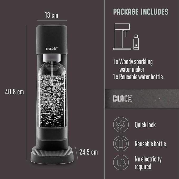 Woody Sparkling Water Maker - Silent Carbonated Water Machine Made of Renewable Wood Composite and 1L Water Bottle - Without CO2 Cylinder - Seltzer Maker Machine - Colour Black