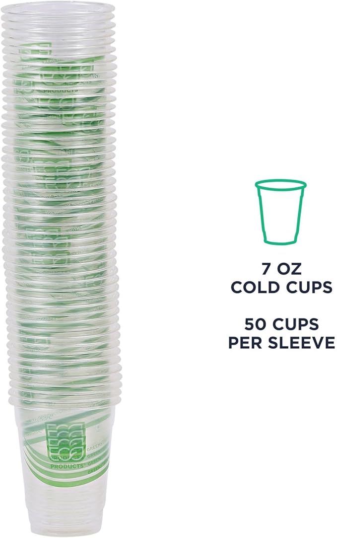 ECO PRODUCTS GreenStripe Clear Compostable 7oz PLA Plastic Cups, Case of 2000, Disposable Renewable Plant-Based Cold Cups, For Cold Drinks & Snacks, BPI Certified, ASTM Compliant.