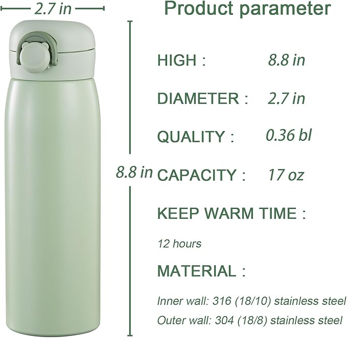 17 oz Mini Water Bottle Small Stainless Steel Thermoses - Insulated Vacuum, Leak Proof, Keeps Drinks Hot/Cold - Ideal for Coffee, beverage, Water - Green