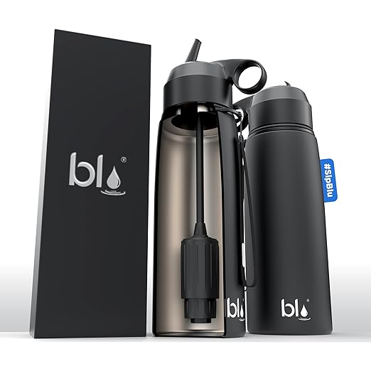 BLU All-in-ONE | Vacuum Insulated Stainless Steel Water Bottle Flask with a Filter (26oz) | Made in The USA | Removes 99.99% contaminants (Regular - Black)