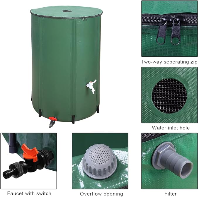 132 Gallon Collapsible Rain Barrel, Portable Water Storage Tank, Foldable Rainwater Collect System Downspout, Water Catcher Container with Filter, Spigots Overflow Kit (Green,132 Gallon)
