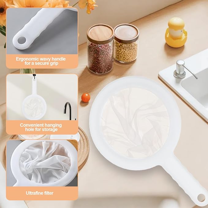 Ultra-Fine Nylon Mesh Strainer- Mini Kitchen Colander for Coffee, Milk, Yogurt, Juice - Non-Slip Handle & Hanging Hole (200 Mesh)
