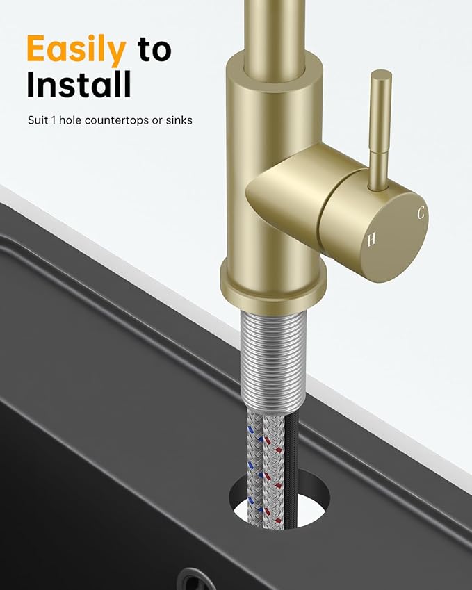 Brushed Gold Kitchen Faucet with Pull Down Sprayer, High Arc Faucet, Stainless Steel Modern RV Bar Sink Faucets for Pot Filler, Farmhouse Camper Bar Laundry, RV Bathroom