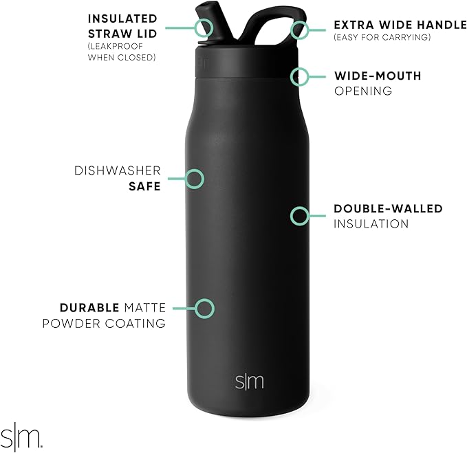 Simple Modern Water Bottle with Straw lid | Insulated Stainless Steel Thermos | Reusable Travel Water Bottles for Gym & Sports | Leak Proof & BPA Free | 34oz, Midnight Black