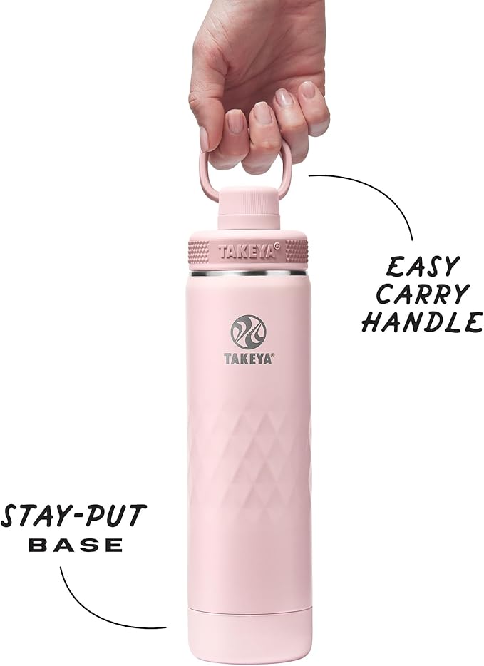Takeya Sport 22 oz Triple-Insulated Stainless Steel Water Bottle, Spout Lid – Leakproof, Sweatproof, BPA-Free, Keeps Drinks Cold 36 Hrs, Hot 14 Hrs – Peony