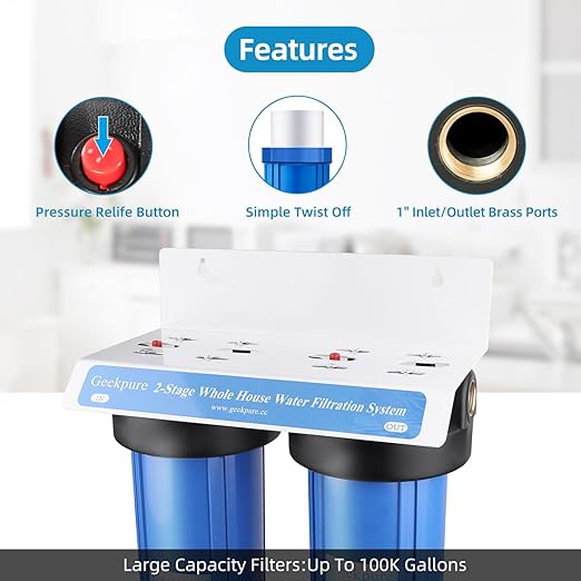 Geekpure 2 Stage Whole House Water Filter System with 10-Inch Blue Housing-1" Port