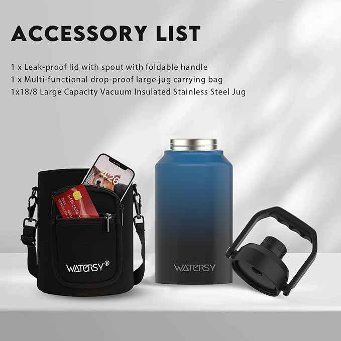 WATERSY 2/3 Gallon Water Bottle Insulated(Cold for 48 Hrs),BPA Free&Leak Proof,87oz Stainless Steel Water Jug/Flask,Big thermo,Large Water Bottle with Handle for Gym,Hiking,Camping,Gradient Blue