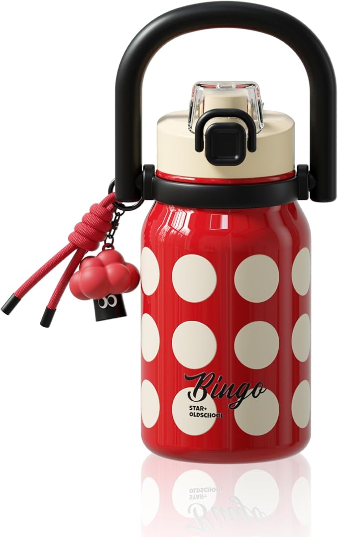 32 oz Insulated Water Bottle for Women with Straw & Handle, 316L Medical Grade Stainless Steel Vacuum Tumbler, Leakproof Stylish Sports Flask for Gym & Travel, Vintage Polka Dot - Rose Red