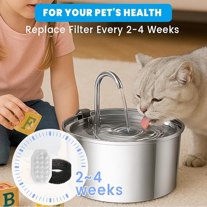32 PCS Cat Water Fountain Filter for 108oz/3.2L Stainless Steel Dispensers – 16 Pack Replacement Filters for Pet Fountains – 16 Carbon + 16 Sponge – Improves Water Quality & Reduces Odors