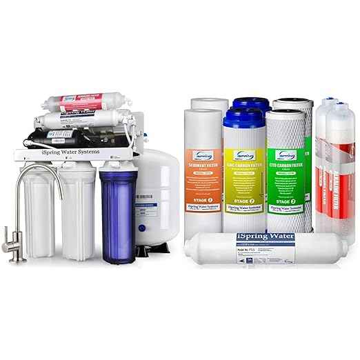 iSpring RCC7P-AK 6-Stage Reverse Osmosis System Under Sink, pH+, 75 GPD, RO Drinking Water Filtration System & F9K 1-Year Reverse Osmosis Water Filter Replacement Cartridge Pack Set, White