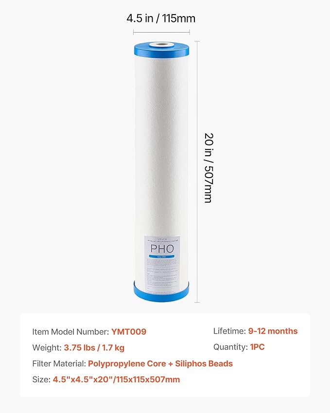 VEVOR Whole House Water Filter Replacement Cartridge, 4.5" x 20" Polyphosphate Scale Inhibitor Filter for Whole Home Water Filtration System, Reduce Chlorine, Taste, Odor, Prevent Corrosion