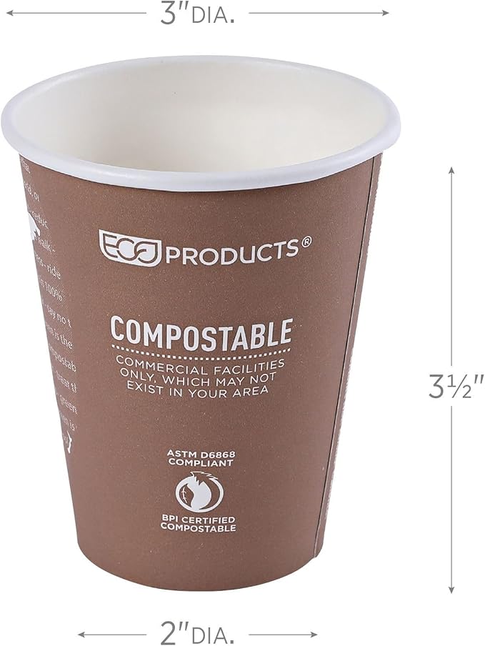 ECO PRODUCTS Compostable Disposable World Art 8oz Small Coffee Cups, Case of 1000, Renewable Hot Paper Cup, Plant Based PLA Lining, Color Coded