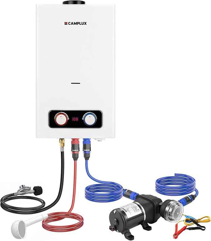 CAMPLUX Portable Propane Water Heater 2.64 GPM, Camping Water Heater with 3.3 GPM Water Pump Kit & Pipe Strainer, 68,000 BTU, BD264P120