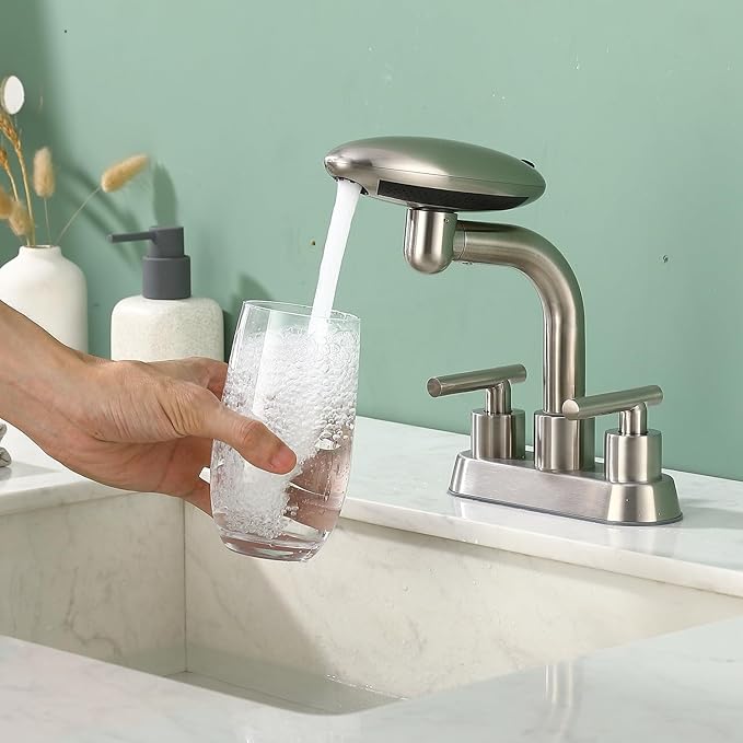 TUTEW Brushed Nickel Bathroom Sink Faucet，Modern 3 Hole Bathroom Faucet 2 Handle 4 Inch Centerset with 4 Water Outlet Modes, 360° Swivel Spout & Pop-Up Drain
