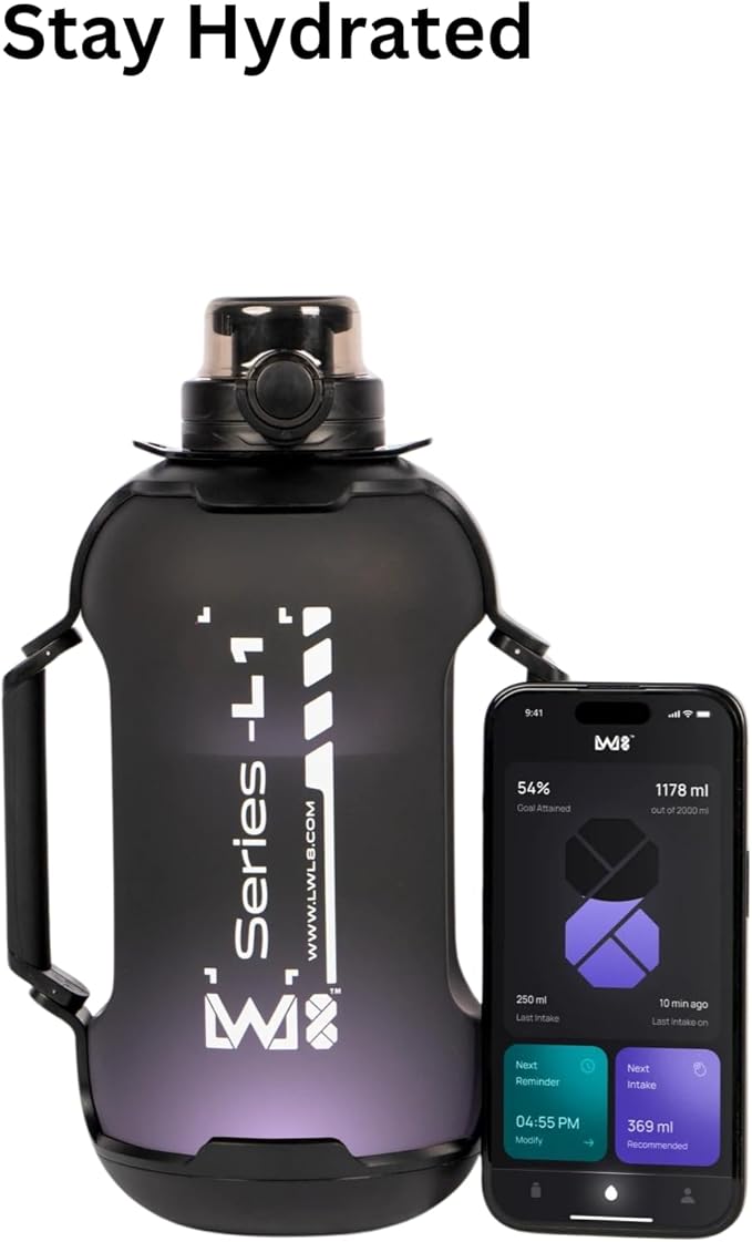 Smart Water Bottle Series L-1 - Tracks Water Intake with Bluetooth, Glows & Remind You To Stay Hydrated | With Built-in Straw | Tracking your bottle | Set Reminders | Denim Black, 44 oz