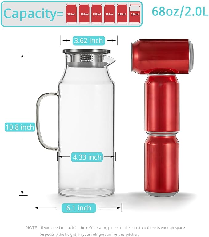 Bivvclaz 2 Pack 2 Liter 68 oz 2.1 Qt Glass Pitcher with Lid and Handle, Water Pitcher for Fridge, Glass Carafe for Hot/Cold Water, Large Iced Tea Pitcher for Coffee, Juice and Homemade Beverage