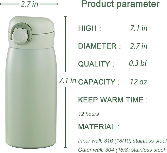 12 oz Mini Water Bottle Small Stainless Steel Thermoses - Insulated Vacuum, Leak Proof, Keeps Drinks Hot/Cold - Ideal for Coffee, beverage, Water - Green