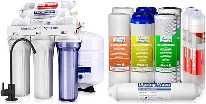 iSpring 6-Stage Alkaline Reverse Osmosis System RCC7AK-BLK with Black Faucet and 1-Year Replacement Cartridge Pack Set F9K for Filtration Systems