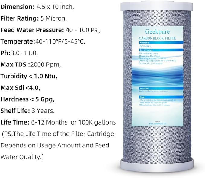Geekpure 10-Inch Carbon Block Replacement Water Filter Cartridge for Whole House Water Filtration-4.5" x 10"-5 Micron (12)