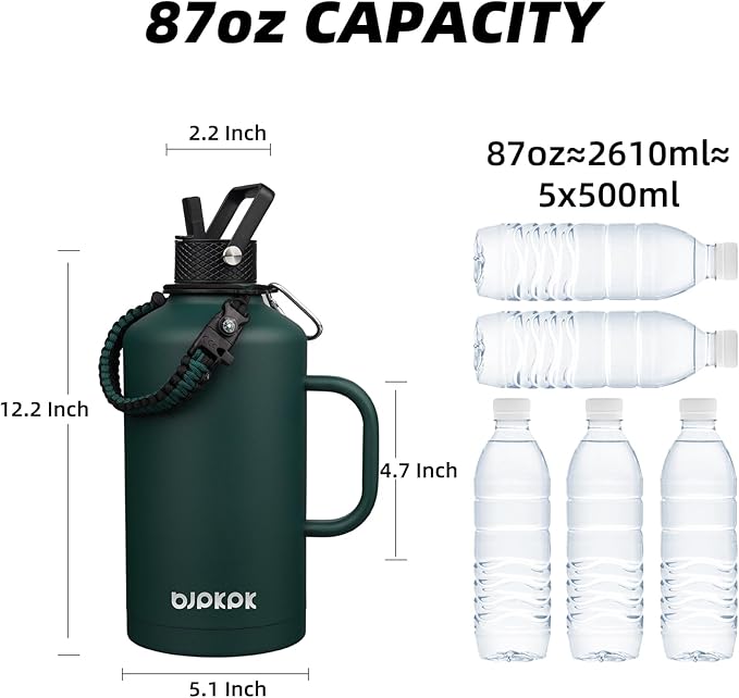 BJPKPK 2/3 Gallon Water Bottle Insulated with Straw Lid, 87oz Large, Stainless Steel Water Bottles with 3 Lids and Paracord Strap, Double Wall Vacuum Metal Water Jug, Army Green