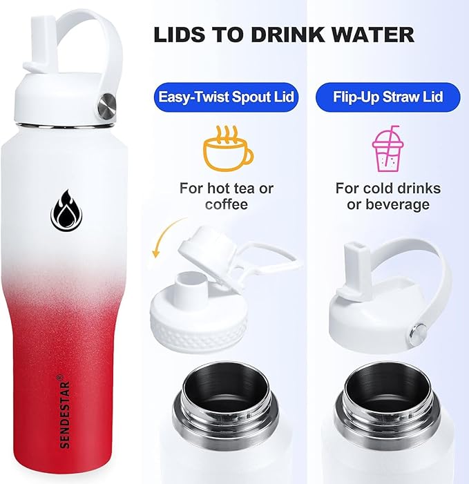 SENDESTAR Water Bottle,Wide Mouth Stainless Steel Vacuum Insulated Double Wall Keep Liquids Cold or Hot All Day,Sweat Proof Sport Design,Fit Car Cup Holder,White&Rose Red,32 Ounces