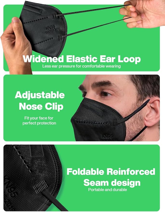 Boncare KN95 Face Mask 30 PCs, 5-Layer Black Face Mask for Men & Women Filter Efficiency≥ 95%, Breathable and Comfortable, Black - AquaVibe