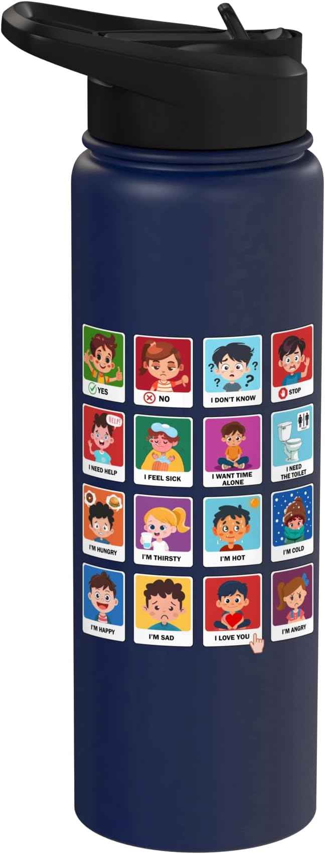 Autism Communication Cards Kids Emotions Speech Therapy AAC Stainless Steel Insulated Water Bottle