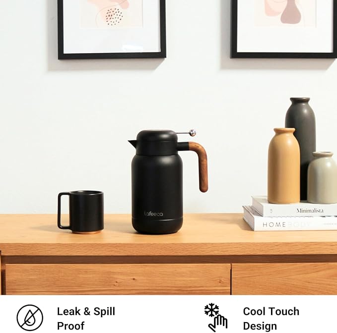 Aura Thermal Coffee Carafe - Vacuum Insulated Stainless Steel Tea Pot & Water Pitcher, Keeps Drinks Hot or Cold, BPA-Free, Beverage Dispenser Thermos - 51 oz Black