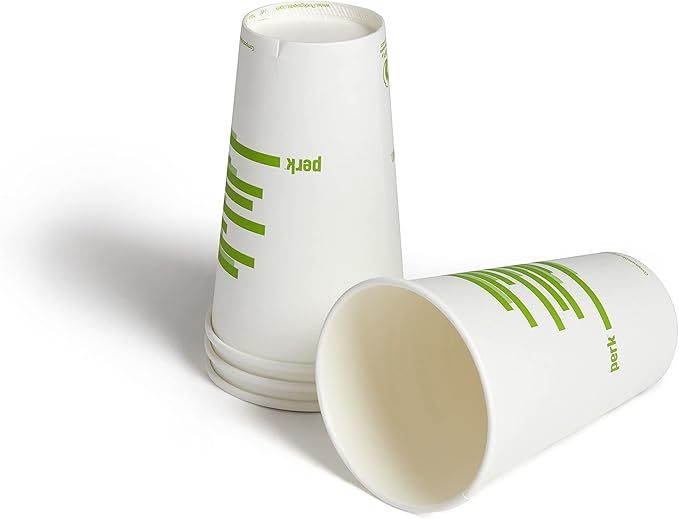 Perk Compostable Paper Hot Cups, 16 oz White/Green, Disposable Coffee Cups for Office & Catering