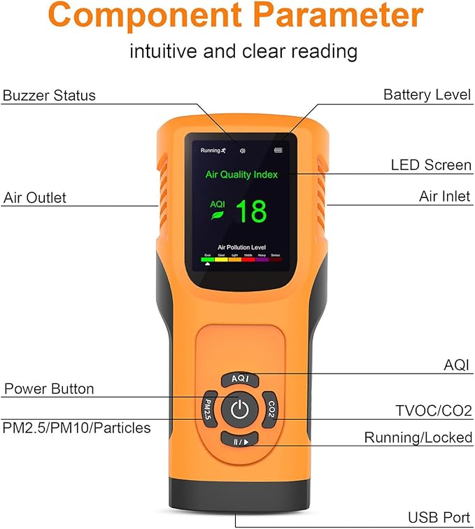Portable 6-in-1 Air Quality Monitor Indoor Air Quality Tester Air Quality Meter with CO2 TVOC PM2.5 PM10 Particles AQI Detector for Cars Home School Office 3000mAh Battery
