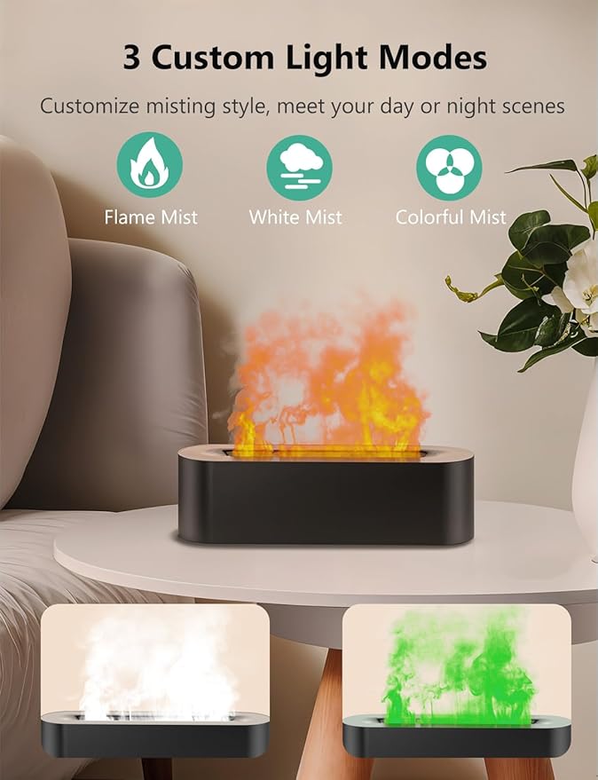 Flame Air Diffuser, Humidifier, Essential Oil Diffuser - 7 Colors, 180mL Capacity (8 Hours), Noiseless Operation, Auto-Off Protection - Perfect for Home Bedroom Office Gifts(White)