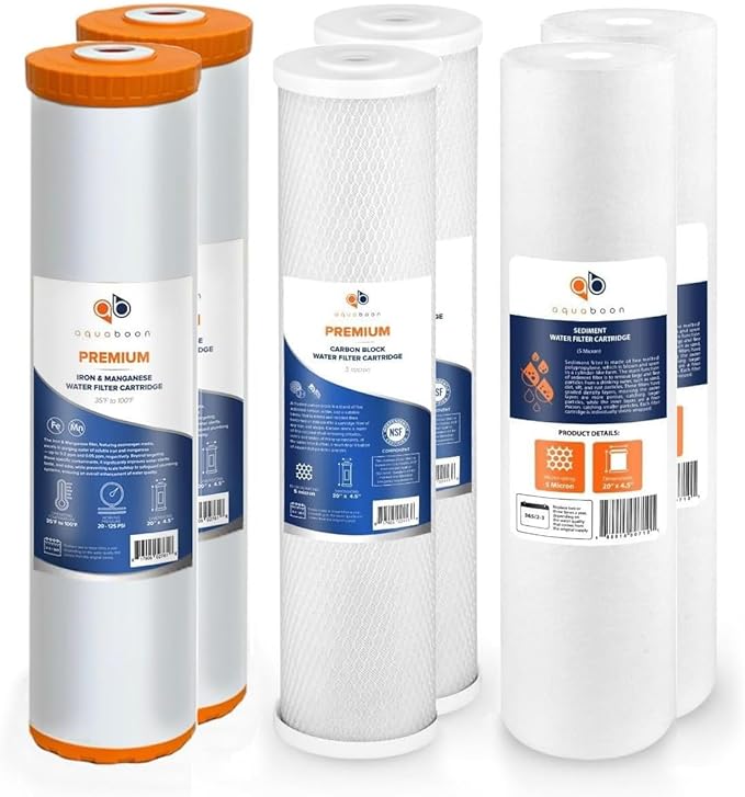 Aquaboon 5 Micron 20 x 4.5 Whole House Water Filter Replacement Cartridge Set: Sediment, Iron & Manganese, CTO for 3-Stage Water Filtration System 2 Pack