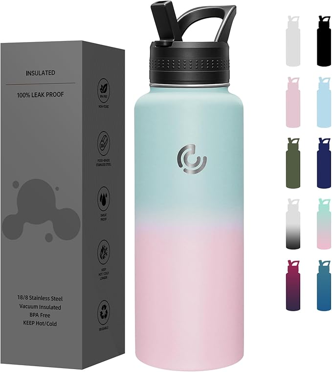 COKTIK 40oz Sports Water Bottle, Stainless Steel Water Bottle for Insulated, Reusable Travel Bottle, With Straw, With Handle Grip for Easy Carrying, Suitable for Cycling, Outdoor Vacations(Bubble Gum)