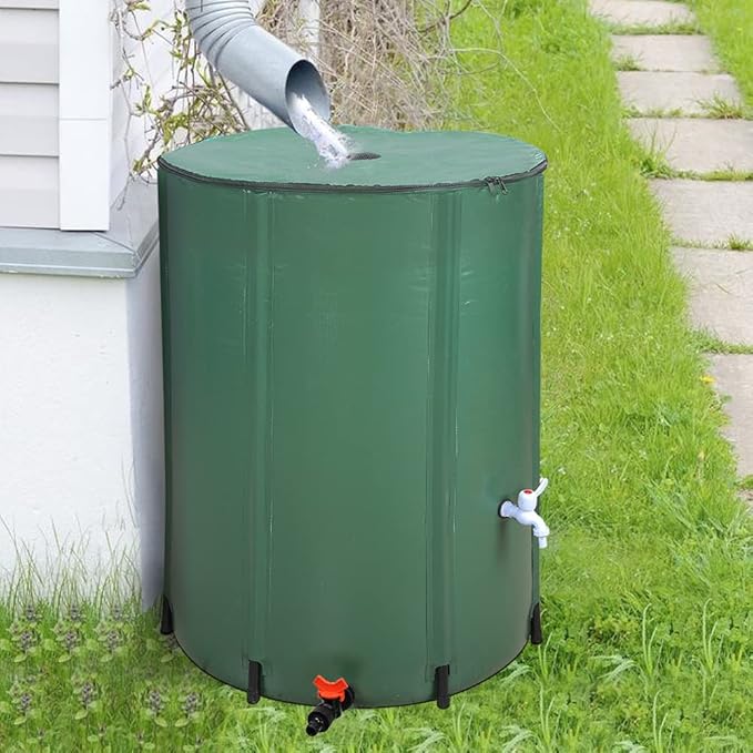 132 Gallon Collapsible Rain Barrel, Portable Water Storage Tank, Foldable Rainwater Collect System Downspout, Water Catcher Container with Filter, Spigots Overflow Kit (Green,132 Gallon)