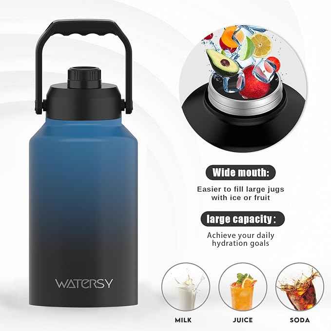 WATERSY 2/3 Gallon Water Bottle Insulated(Cold for 48 Hrs),BPA Free&Leak Proof,87oz Stainless Steel Water Jug/Flask,Big thermo,Large Water Bottle with Handle for Gym,Hiking,Camping,Gradient Blue
