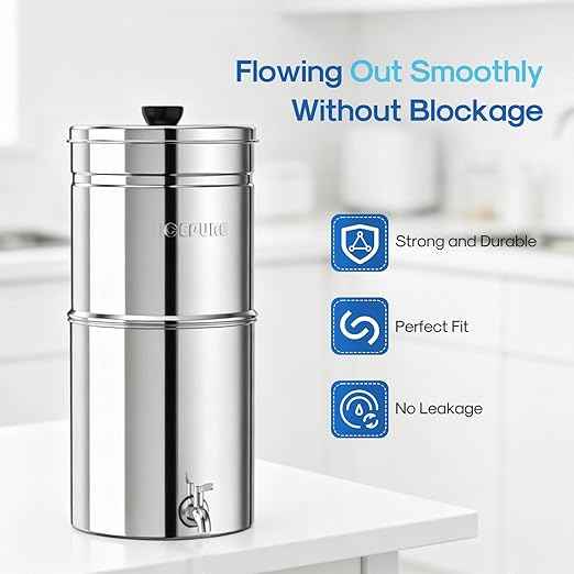ICEPURE 2.25G Gravity-fed Water Filter System, 304 Stainless Steel Countertop System with Metal Faucet, 2 Black Carbon Filters, Reduce 99% Chlorine, Lead for Home, Camping, Travel, Emergencies