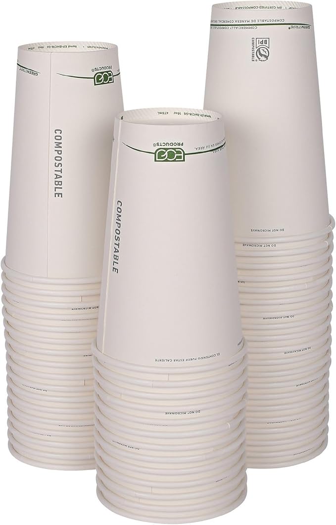 ECO PRODUCTS Compostable Disposable GreenStripe 16oz Coffee Cups, Pack of 50, White Single Wall Hot Paper Cup, Plant Based PLA Lining, Biodegradable