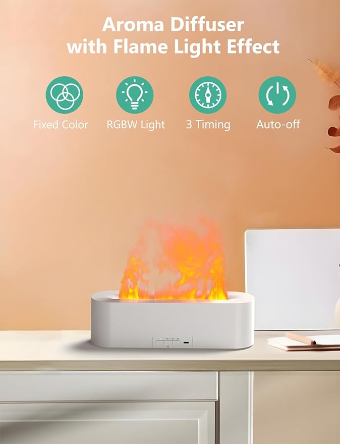 Flame Air Diffuser, Humidifier, Essential Oil Diffuser - 7 Colors, 180mL Capacity (8 Hours), Noiseless Operation, Auto-Off Protection - Perfect for Home Bedroom Office Gifts(White)