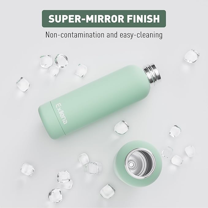 Exllena Slim Insulated Water Bottles for Travel 18oz with Clip, Double Wall Vacuum Stainless Steel Water Bottle Keeps Drinks Cold 24 Hrs/Hot 12 Hrs, 100% Leakproof, BPA Free(Mint)