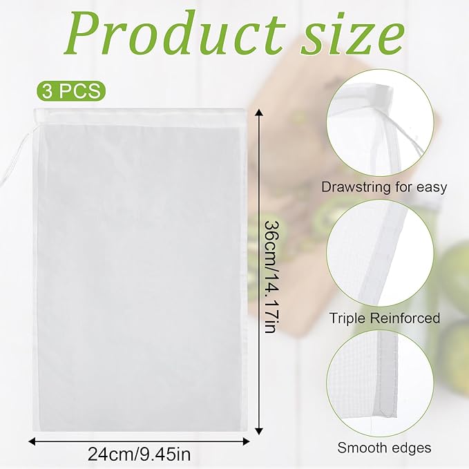 Straining Nylon Nut Milk Bag 3 Pack 24 X 36cm Fine Mesh Cheese Cloth Multiple Usage Reusable Food Strainer for Basting Turkey Canning Cheese-Making Straining Crafting Juice Coffee Yogurt Tea- White
