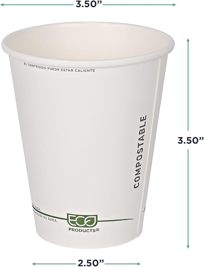 ECO PRODUCTS Compostable Disposable GreenStripe 8oz Coffee Cups, Case of 50, White Single Wall Hot Paper Cup, Plant Based PLA Lining, Biodegradable