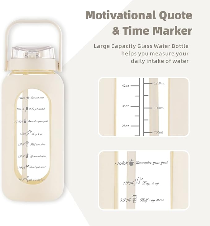 SIEROZUR 64 oz Glass Water Bottle with Straw and Handle Lid Half Gallon Motivational Glass Bottle with Silicone Sleeve and Time Marker Large Reusable Sports Water Jug for Gym Home Workout