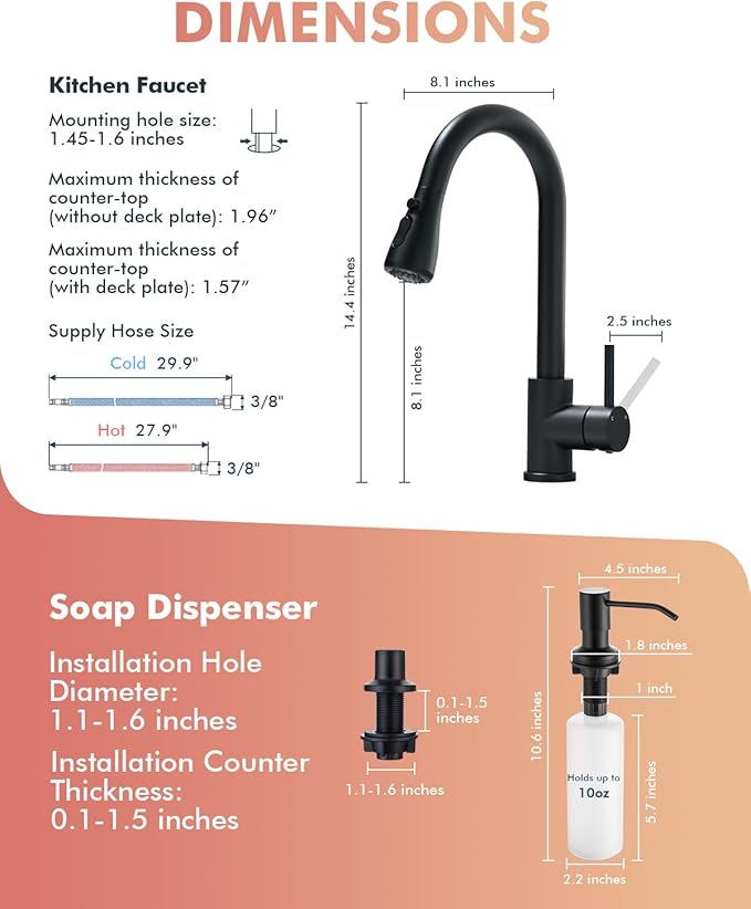 VFAUOSIT Black Kitchen Faucet with Soap Dispenser, 3-Mode Kitchen Sink Faucet with Pull Down Sprayer Stainless Steel Single Handle Faucet One Hole Kitchen Faucets for Bar Laundry RV Utility Sink