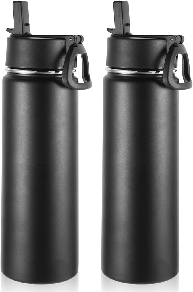 Volhoply Insulated Water Bottles with Straw Bulk 2 Pack, 22 oz Stainless Steel Sports Bottle with Handle Lid, Metal Travel Water Cups with Wide Mouth,Reusable Water Flask for School(Black,2 Set)