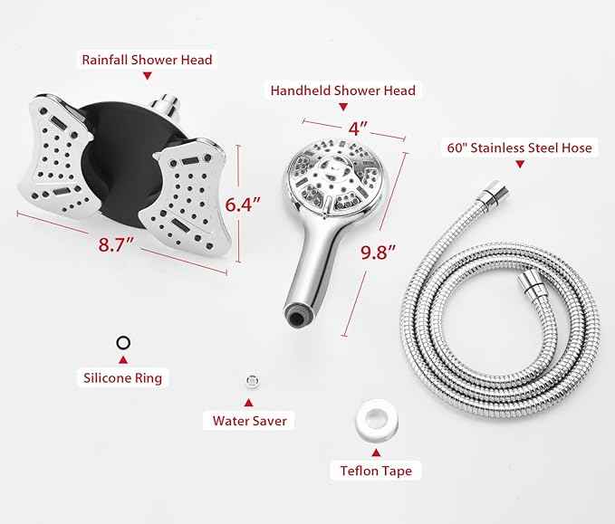 GRICH 1.8GPM Shower Head with Handheld Spray Combo: 2 in 1 Rainfall Shower Heads high pressure & Handheld Shower Head, 9 Spray Modes/Settings Detachable Shower Head with 60 Inch Hose, Chrome