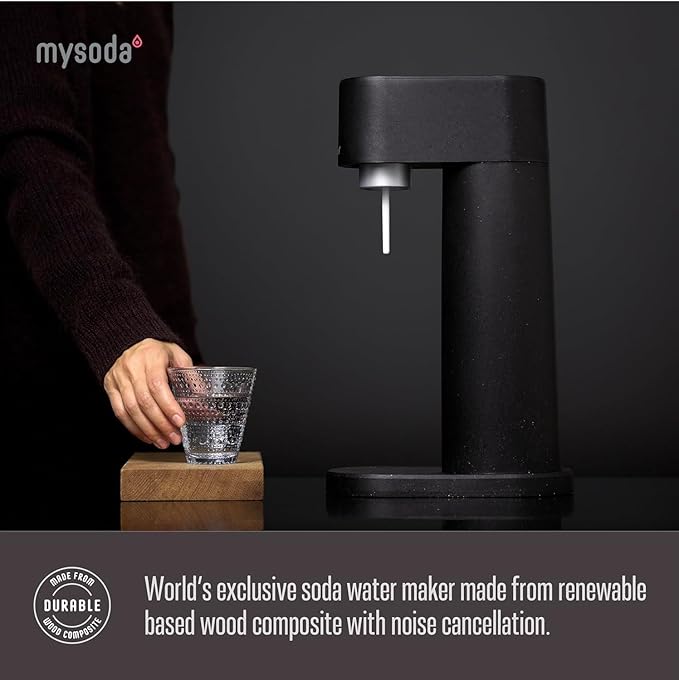 Woody Sparkling Water Maker - Silent Carbonated Water Machine Made of Renewable Wood Composite and 1L Water Bottle - Without CO2 Cylinder - Seltzer Maker Machine - Colour Black